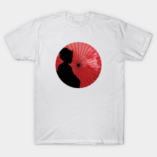 Vintage comic japanese flag with geisha girl, sakura flower, umbrella T-Shirt by Vane22april